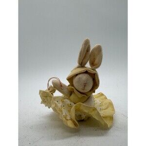 VINTAGE RUSS BERRIE Cloth Bunny Doll Yellow Floral Dress Bonnet 3"